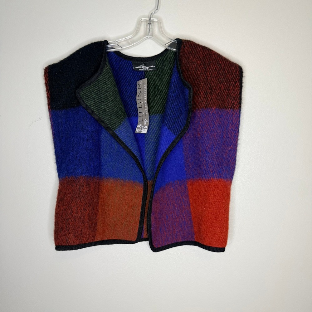 Lillunn Design Norway Pure New Wool Colorblock Open Front Vest Handcrafted NWT